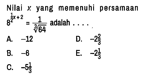 Nilai x yang memenuhi persamaan 8^(1/2 x + 2) = 1/(64^(1/3)) adalah ....