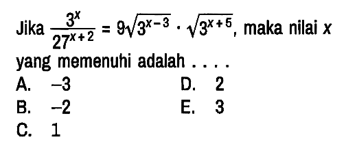 Jika  (3^x)/(27^(x+2)) = 9 akar(3^(x-3)) . akar(3^(x+5)), maka nilai x yang memenuhi adalah...