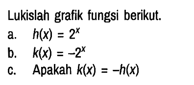 Lukislah grafik fungsi berikut.
a. h(x) = 2^x 
b. k(x) = -2^x 
c. Apakah k(x) = -h(x)