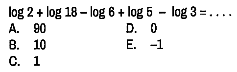 
log 2+log 18-log 6+log 5-log 3=...