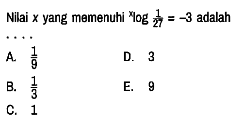 Nilai x yang memenuhi xlog 1/27 = -3 adalah ...