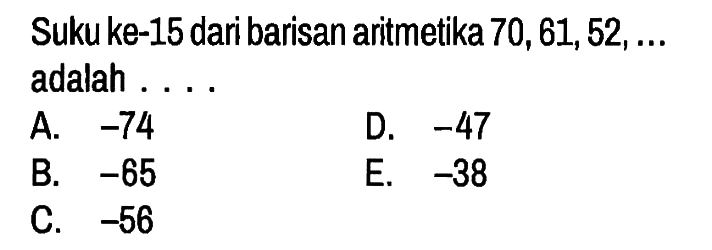 Suku ke-15 dari barisan aritmetika 70,61,52, ... adalah ....
