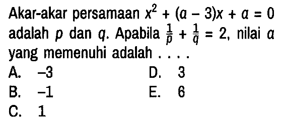 Akar-akar persamaan x^2 + (a - 3)x + a = 0 adalah p dan q. Apabila 1/p + 1/q = 2, nilai a yang memenuhi adalah ....
