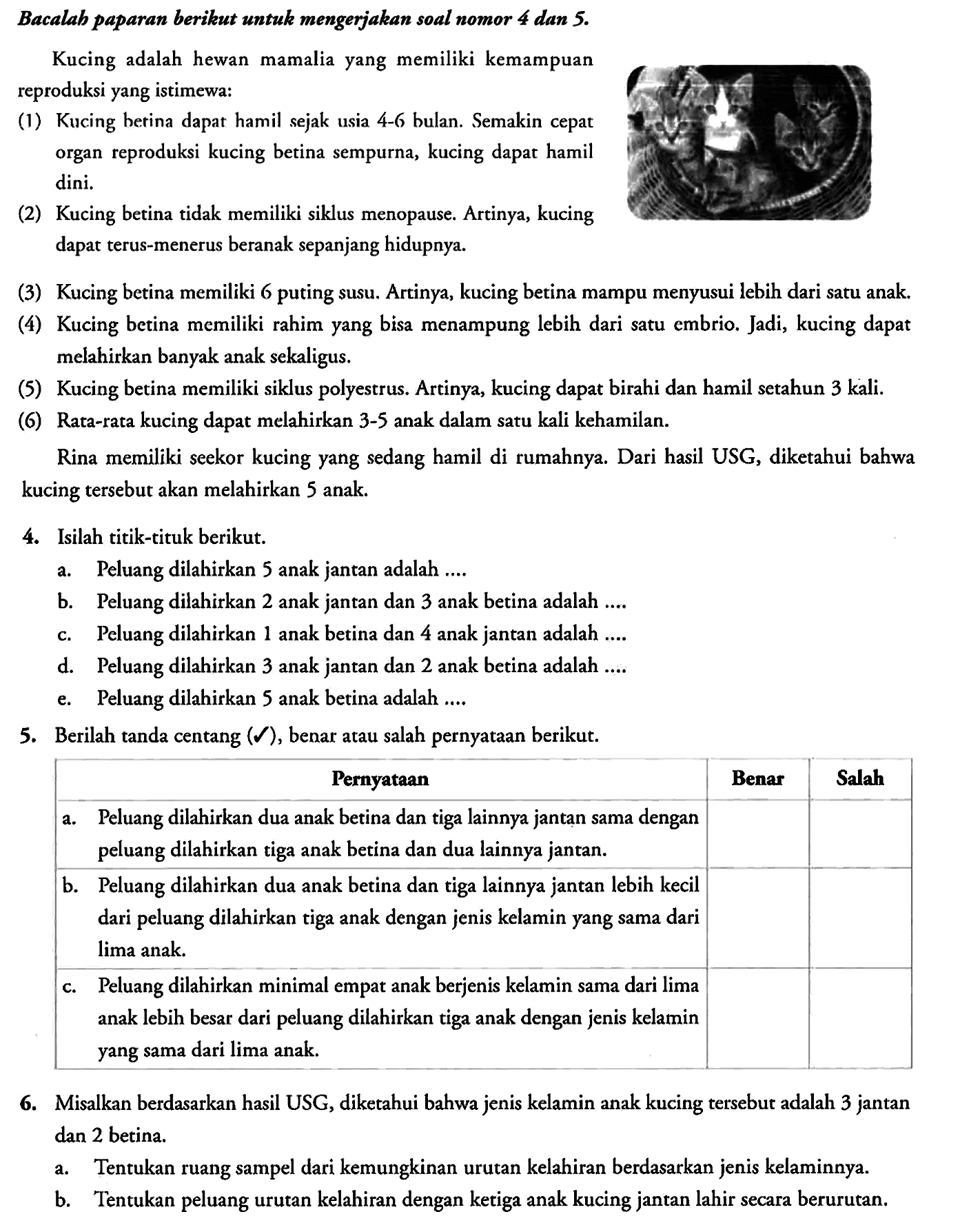 Bacalah paparan berikut untuk mengerjakan soal nomor 4 dan 5 .
Kucing adalah hewan mamalia yang memiliki kemampuan reproduksi yang istimewa:
(1) Kucing betina dapat hamil sejak usia 4-6 bulan. Semakin cepat organ reproduksi kucing betina sempurna, kucing dapat hamil dini.
(2) Kucing betina tidak memiliki siklus menopause. Artinya, kucing dapat terus-menerus beranak sepanjang hidupnya.
(3) Kucing betina memiliki 6 puting susu. Artinya, kucing betina mampu menyusui lebih dari satu anak.
(4) Kucing betina memiliki rahim yang bisa menampung lebih dari satu embrio. Jadi, kucing dapat melahirkan banyak anak sekaligus.
(5) Kucing betina memiliki siklus polyestrus. Artinya, kucing dapat birahi dan hamil setahun 3 kali.
(6) Rata-rata kucing dapat melahirkan 3-5 anak dalam satu kali kehamilan.
Rina memiliki seekor kucing yang sedang hamil di rumahnya. Dari hasil USG, diketahui bahwa kucing tersebut akan melahirkan 5 anak.

4. Isilah titik-tituk berikut.
a. Peluang dilahirkan 5 anak jantan adalah ....
b. Peluang dilahirkan 2 anak jantan dan 3 anak betina adalah ....
c. Peluang dilahirkan 1 anak betina dan 4 anak jantan adalah ....
d. Peluang dilahirkan 3 anak jantan dan 2 anak betina adalah ....
e. Peluang dilahirkan 5 anak betina adalah ....

5. Berilah tanda centang  (v), benar atau salah pernyataan berikut.
a. Peluang dilahirkan dua anak betina dan tiga lainnya jantan sama dengan peluang dilahirkan tiga anak betina dan dua lainnya jantan.
b. Peluang dilahirkan dua anak betina dan tiga lainnya jantan lebih kecil dari peluang dilahirkan tiga anak dengan jenis kelamin yang sama dari lima anak.
c. Peluang dilahirkan minimal empat anak berjenis kelamin sama dari lima anak lebih besar dari peluang dilahirkan tiga anak dengan jenis kelamin yang sama dari lima anak.

6. Misalkan berdasarkan hasil USG, diketahui bahwa jenis kelamin anak kucing tersebut adalah 3 jantan dan 2 betina.
a. Tentukan ruang sampel dari kemungkinan urutan kelahiran berdasarkan jenis kelaminnya.
b. Tentukan peluang urutan kelahiran dengan ketiga anak kucing jantan lahir secara berurutan.