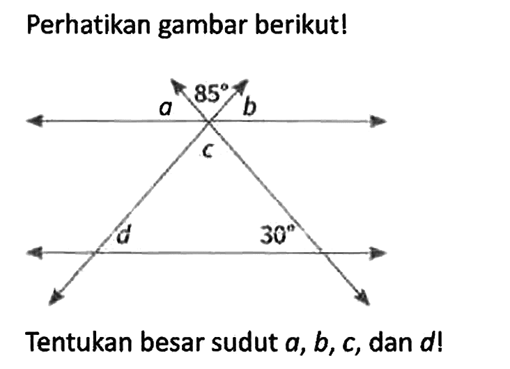 Perhatikan gambar berikut!
85 a b c d 30 
Tentukan besar sudut a, b, c, dan d!