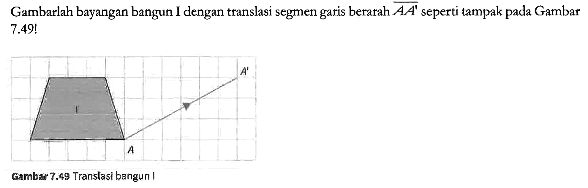 Gambarlah bayangan bangun I dengan translasi segmen garis berarah AA' seperti tampak pada Gambar 7.49!

I A A'
Gambar 7.49 Translasi bangun I