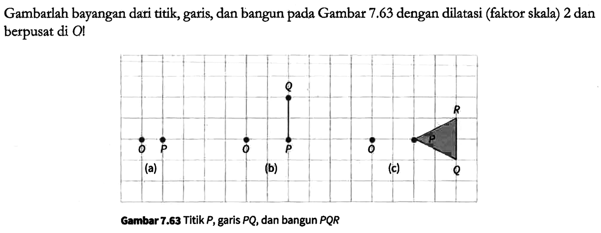 Gambarlah bayangan dari titik, garis, dan bangun pada Gambar 7.63 dengan dilatasi (faktor skala) 2 dan berpusat di O!

O P Q O P  O P Q R
(a)   (b)           (c)
Gambar 7.63 Titik P, garis PQ, dan bangun PQR