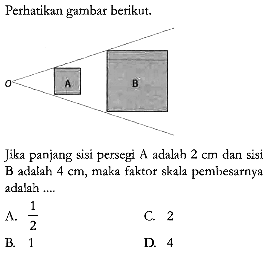 Perhatikan gambar berikut.
O A B 
Jika panjang sisi persegi A adalah 2 cm dan sisi B adalah 4 cm, maka faktor skala pembesarnya adalah ....
A. 1/2 
C. 2
B. 1
D. 4