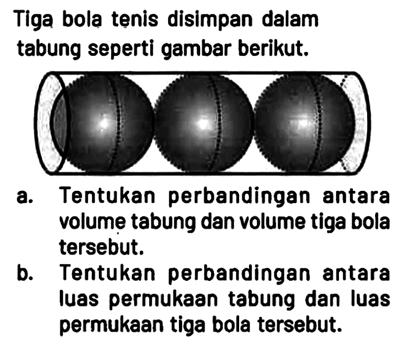 Tiga bola tenis disimpan dalam tabung seperti gambar berikut.
a. Tentukan perbandingan antara volume tabung dan volume tiga bola tersebut.
b. Tentukan perbandingan antara luas permukaan tabung dan luas permukaan tiga bola tersebut.