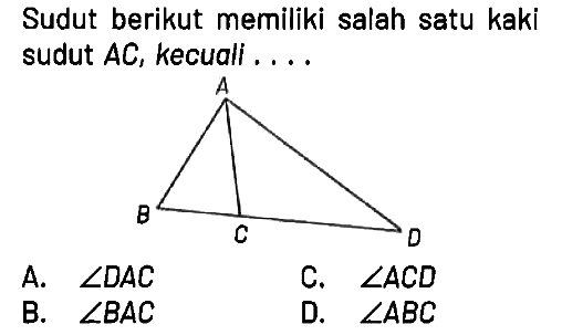 Sudut berikut memiliki salah satu kaki sudut AC, kecuali .... A B C D 
A. sudut DAC C. sudut ACD B. sudut BAC D. sudut ABC