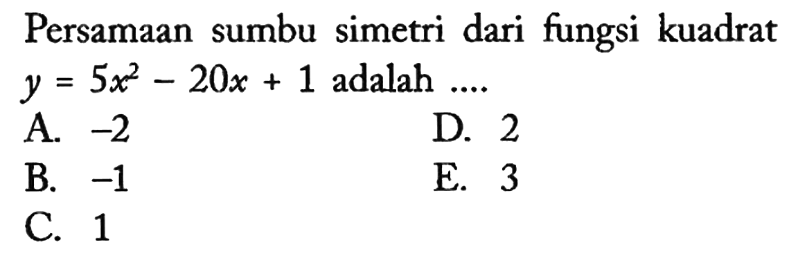 Persamaan sumbu simetri dari fungsi kuadrat y=5x^2 - 20x + 1 adalah ....