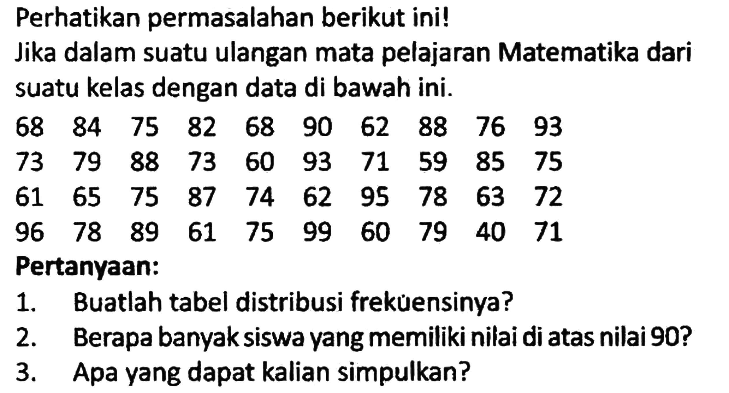 Perhatikan permasalahan berikut ini!
Jika dalam suatu ulangan mata pelajaran Matematika dari suatu kelas dengan data di bawah ini.
68  84  75  82  68  90  62  88  76  93  73  79  88  73  60  93  71  59  85  75  61  65  75  87  74  62  95  78  63  72  96  78  89  61  75  99  60  79  40  71 
Pertanyaan:
1. Buatlah tabel distribusi frekuensinya?
2. Berapa banyak siswa yang memiliki nilai di atas nilai 90 ?
3. Apa yang dapat kalian simpulkan?