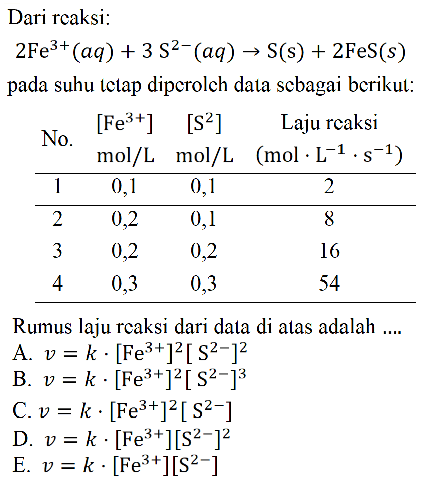 Dari reaksi: 2Fe^3+(aq)+3S^2-(aq) -> S(s)+2FeS(s) pada suhu tetap diperoleh data sebagai berikut: No. [Fe^3+] mol/L [S^2] mol/L Laju reaksi (mol.L^-1.s^-1) 1 0,1 0,1 2 2 0,2 0,1 8 3 0,2 0,2 16 4 0,3 0,3 54 Rumus laju reaksi dari data di atas adalah .... A. v=k . [Fe^3+]^2[S^2-]^2 B. v=k . [Fe^3+]^2[S^2-]^3 C. v=k . [Fe^3+]^2[S^2-] D. v=k . [Fe^3+][S^2-]^2 E. v=k . [Fe^3+][S^2-] 