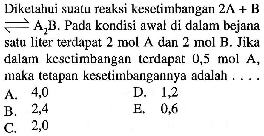 Diketahui suatu reaksi kesetimbangan 2A+B <=> A2B. Pada kondisi awal di dalam bejana satu liter terdapat 2 mol A dan 2 mol B. Jika dalam kesetimbangan terdapat 0,5 mol A, maka tetapan kesetimbangannya adalah .... 