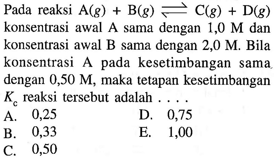 Pada reaksi  A(g)+B(g) leftharpoons C(g)+D(g)  konsentrasi awal  A  sama dengan  1,0 M  dan konsentrasi awal B sama dengan  2,0 M . Bila konsentrasi A pada kesetimbangan sama dengan  0,50 M , maka tetapan kesetimbangan  K_(c)  reaksi tersebut adalah ...
A. 0,25
D. 0,75
B. 0,33
E. 1,00
C. 0,50