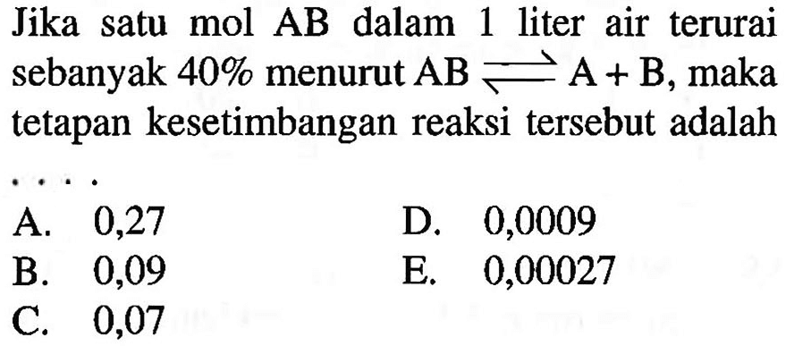 Jika satu mol AB dalam 1 liter air terurai sebanyak 40% menurut AB <=> A+B, maka tetapan kesetimbangan reaksi tersebut adalah...