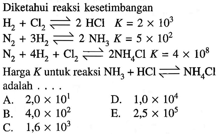 Diketahui reaksi kesetimbanganH2 + Cl2 <=> 2 HCl  K=2x10^3 N2 + 3H2 <=> 2 NH3 K=5x10^2 N2 + 4H2+Cl2 <=> 2 NH4 Cl K=4x10^8Harga  K  untuk reaksi  NH3 + HCl <=> NH4Cl  adalah ....