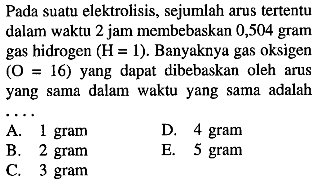 Pada suatu elektrolisis, sejumlah arus tertentu dalam waktu 2 jam membebaskan 0,504 gram gas hidrogen (H=1). Banyaknya gas oksigen (O=16) yang dapat dibebaskan oleh arus yang sama dalam waktu yang sama adalah .... 