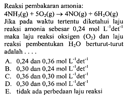 Reaksi pembakaran amonia: 4NH3(g) + 5O2(g) -> 4NO(g) + 6H2O(g) Jika pada waktu tertentu diketahui laju reaksi amonia sebesar 0,24 mol L^(-1) det^(-1) maka laju reaksi oksigen (O2) dan laju reaksi pembentukan H2O berturut-turut adalah .... 