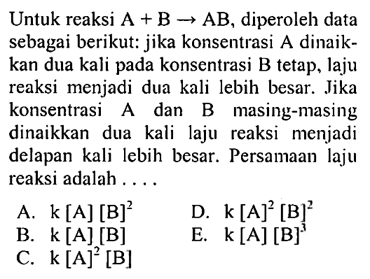 Untuk reaksi  A+B-->AB, diperoleh data sebagai berikut: jika konsentrasi A dinaikkan dua kali pada konsentrasi B tetap, laju reaksi menjadi dua kali lebih besar. Jika konsentrasi A dan B masing-masing dinaikkan dua kali laju reaksi menjadi delapan kali lebih besar. Persamaan laju reaksi adalah ....