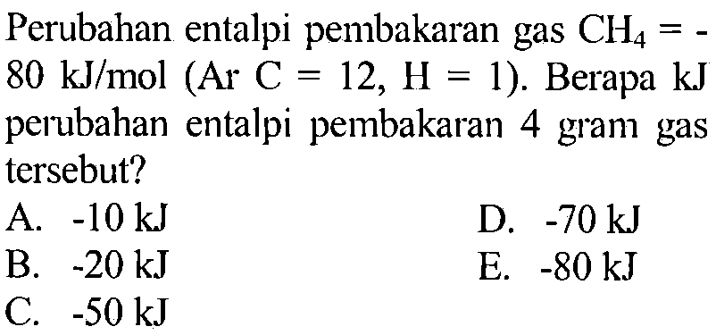 Perubahan entalpi pembakaran gas CH4=80 kJ/mol(Ar C=12,H=1).  Berapa  kJ perubahan entalpi pembakaran 4 gram gas tersebut?