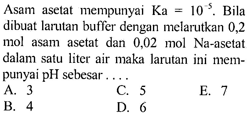 Asam asetat mempunyai  Ka=10^(-5) . Bila dibuat larutan buffer dengan melarutkan 0,2 mol asam asetat dan  0,02 ~mol Na -asetat dalam satu liter air maka larutan ini mempunyai pH sebesar ....
A. 3
C. 5
E. 7
B. 4
D. 6