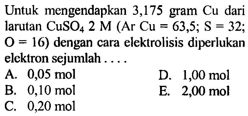 Untuk  mengendapkan 3,175 gram Cu dari larutan CuSO4 2 M (Ar Cu = 63,5; S = 32; O = 16) dengan cara elektrolisis diperlukan elektron sejumlah