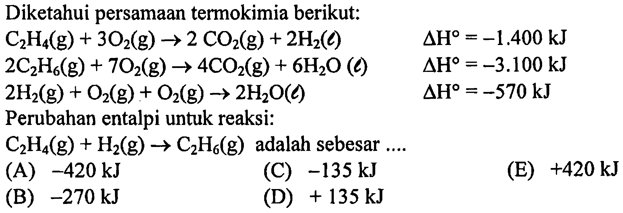 Diketahui persamaan termokimia berikut:C2H4(g) + 3O2(g) -> 2CO2(g) + 2H2(l)  delta H = -1.400 kJ 2C2H6(g) + 7O2(g) -> 4CO2(g) + 6H2O(l) delta H = -3.100 kJ 2H2(g) + O2(g) + O2(g) -> 2H2O(l) delta H = -570 kJPerubahan entalpi untuk reaksi:C2H4(g) + H2(g) -> C2H6(g)  adalah sebesar  ... . 