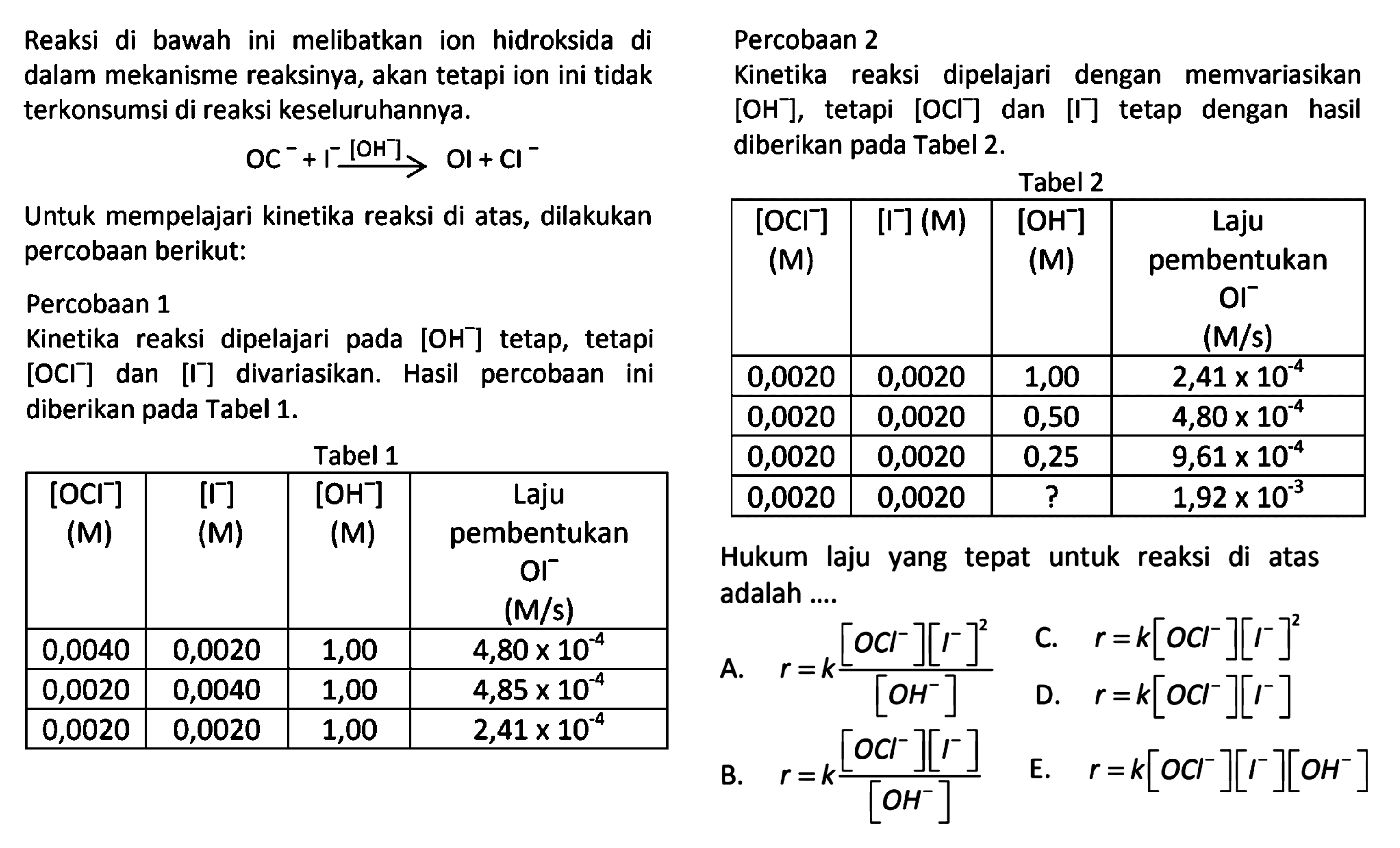 Reaksi di bawah ini melibatkan ion hidroksida di dalam mekanisme reaksinya, akan tetapi ion ini tidak terkonsumsi di reaksi keseluruhannya. 

OC^- + I^- [OH^-] OI + CI^- 
Untuk mempelajari kinetika reaksi di atas, dilakukan percobaan berikut:
 Percobaan 1 
Kinetika reaksi dipelajari pada [OH^-] tetap, tetapi [OCI^-] dan [I^-] divariasikan. Hasil percobaan ini diberikan pada Tabel 1. 
Tabel 1 
[OCI^-] (M) [I^-] (M) [OH^-] (M) Laju pembentukan OI^- (M/s)
0,0040 0,0020 1,00 4,80 × 10^(-4) 
0,0020 0,0040 1,00 4,85 x 10^(-4)
0,0020 0,0020 1,00 2.41 x 10^(-4)

 Percobaan 2 
Kinetika reaksi dipelajari dengan memvariasikan [OH^-] , tetapi [OCI^-] dan [I^-] tetap dengan hasil diberikan pada Tabel 2. 
Tabel 2
[OCI^-] (M) [I^-] (M) [OH^-] (M) Laju pembentukan OI^- (M/s) 
0,0020 0,0020 1,00 2,41 × 10^(-4) 
0,0020 0,0020 0,50 4,80 x 10^(-4) 
0,0020 0,0020 0,25 9,61 x 10^(-4) 
0,0020 0,0020 ? 1,92 x 10^(-3)

Hukum laju yang tepat untuk reaksi di atas adalah...
