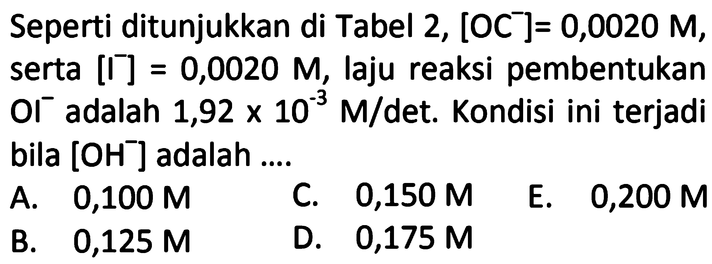 Seperti ditunjukkan di Tabel 2, [O C^(-)] = 0,0020 M, serta [I^(-)] = 0,0020 M, laju reaksi pembentukan  Ol^(-) adalah 1,92 x 10^(-3) M/det. Kondisi ini terjadi bila [OH^(-)] adalah....