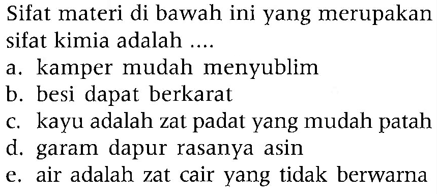 Sifat materi di bawah ini yang merupakan sifat kimia adalah ...