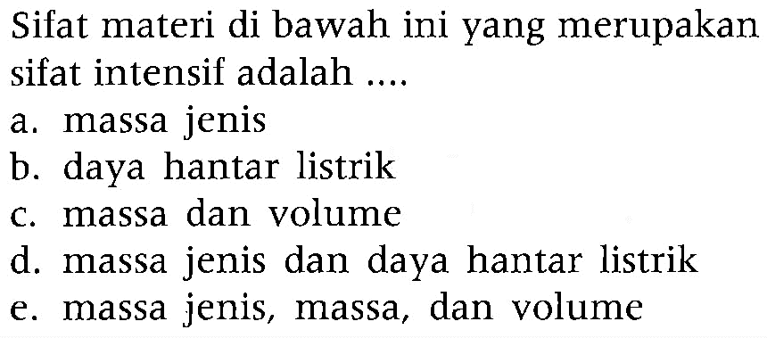 Sifat materi di bawah ini yang merupakan sifat intensif adalah ...