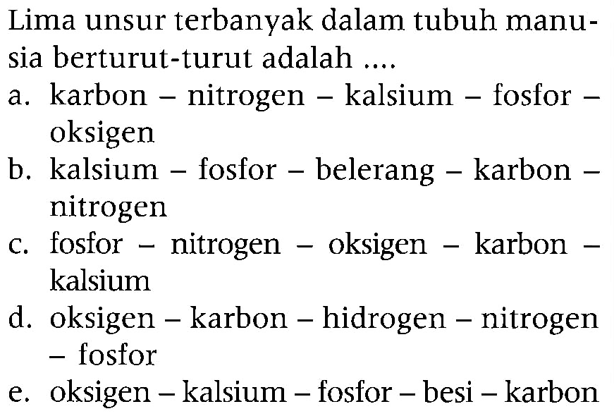 Lima unsur terbanyak dalam tubuh manusia berturut-turut adalah ...