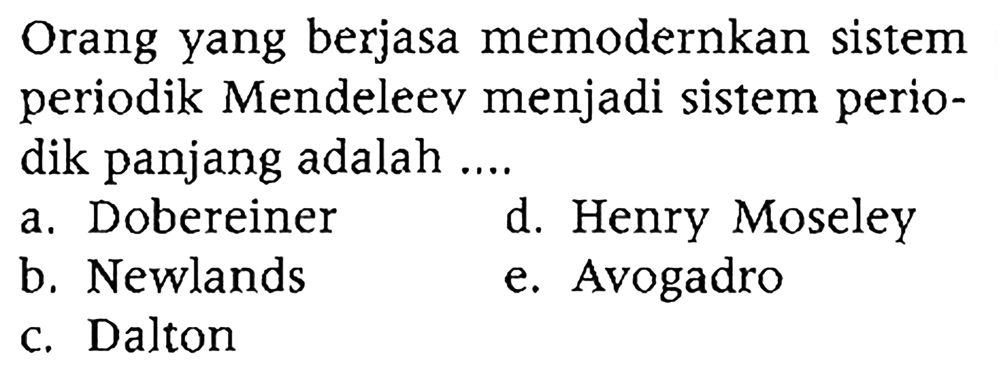 Orang yang berjasa memodernkan sistem periodik Mendeleev menjadi sistem periodik panjang adalah .... 