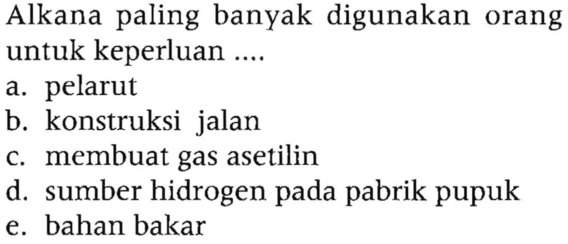 Alkana paling banyak digunakan orang untuk keperluan ....
