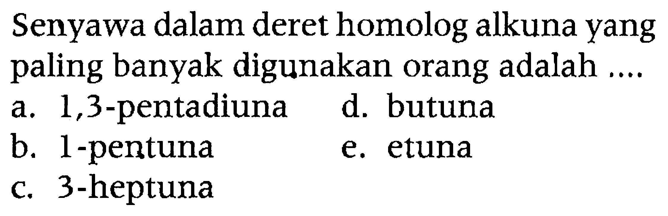 Senyawa dalam deret homolog alkuna yang paling banyak digunakan orang adalah ....
