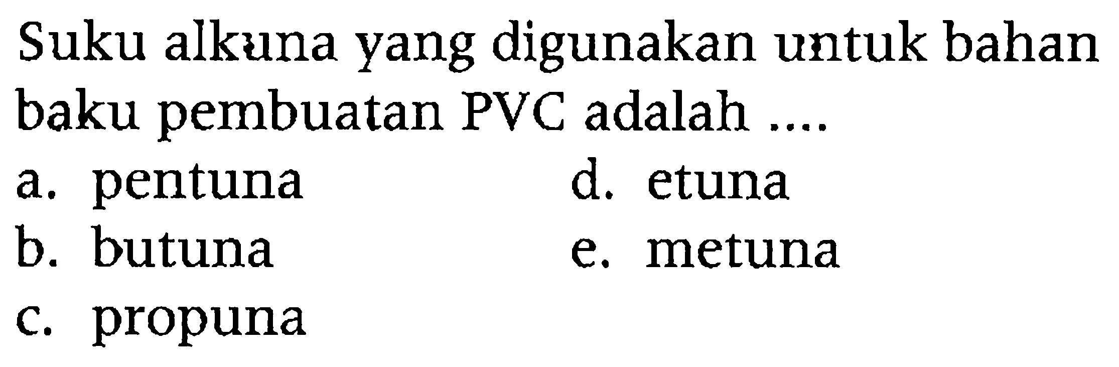 Suku alkuna yang digunakan untuk bahan baku pembuatan PVC adalah...