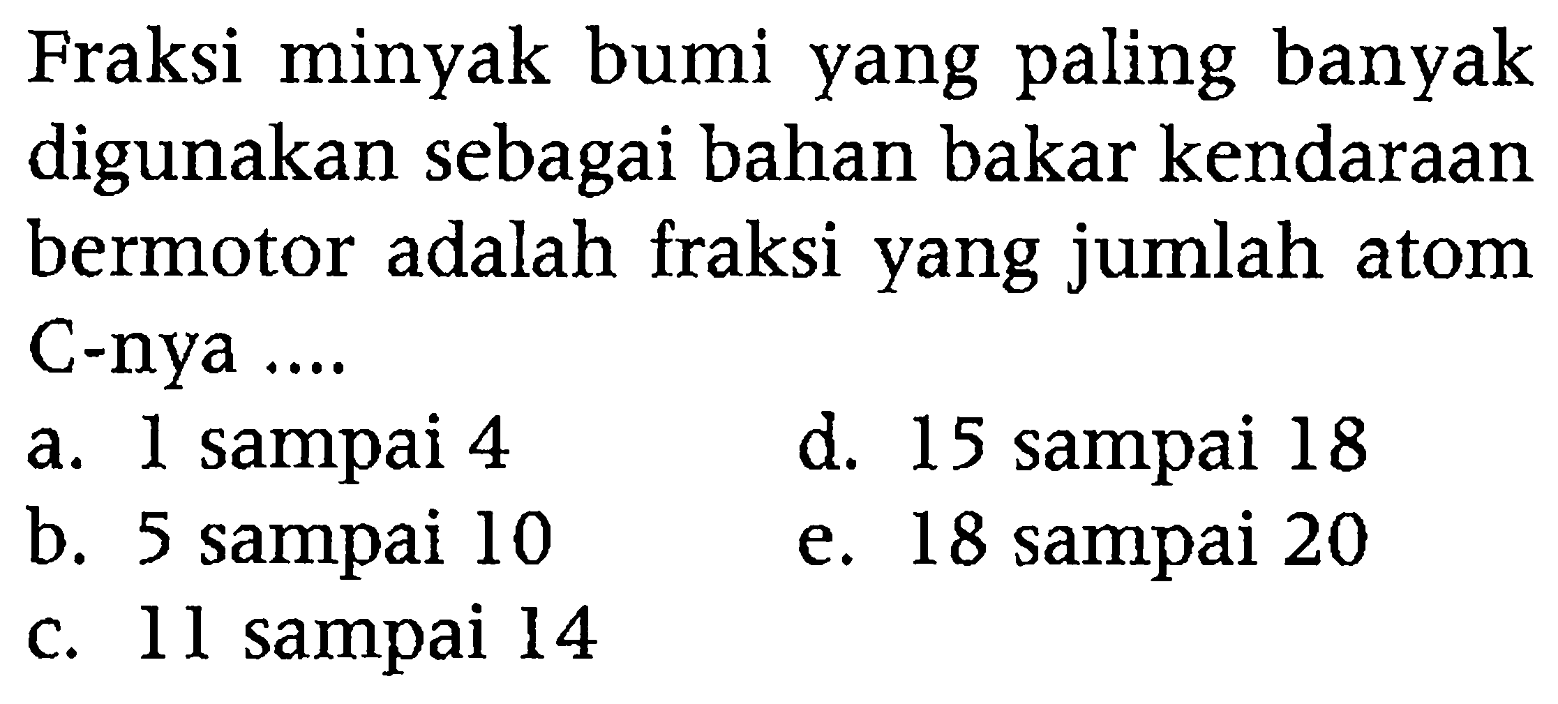 Fraksi minyak bumi yang paling banyak digunakan sebagai bahan bakar kendaraan bermotor adalah fraksi yang jumlah atom C-nya ....
