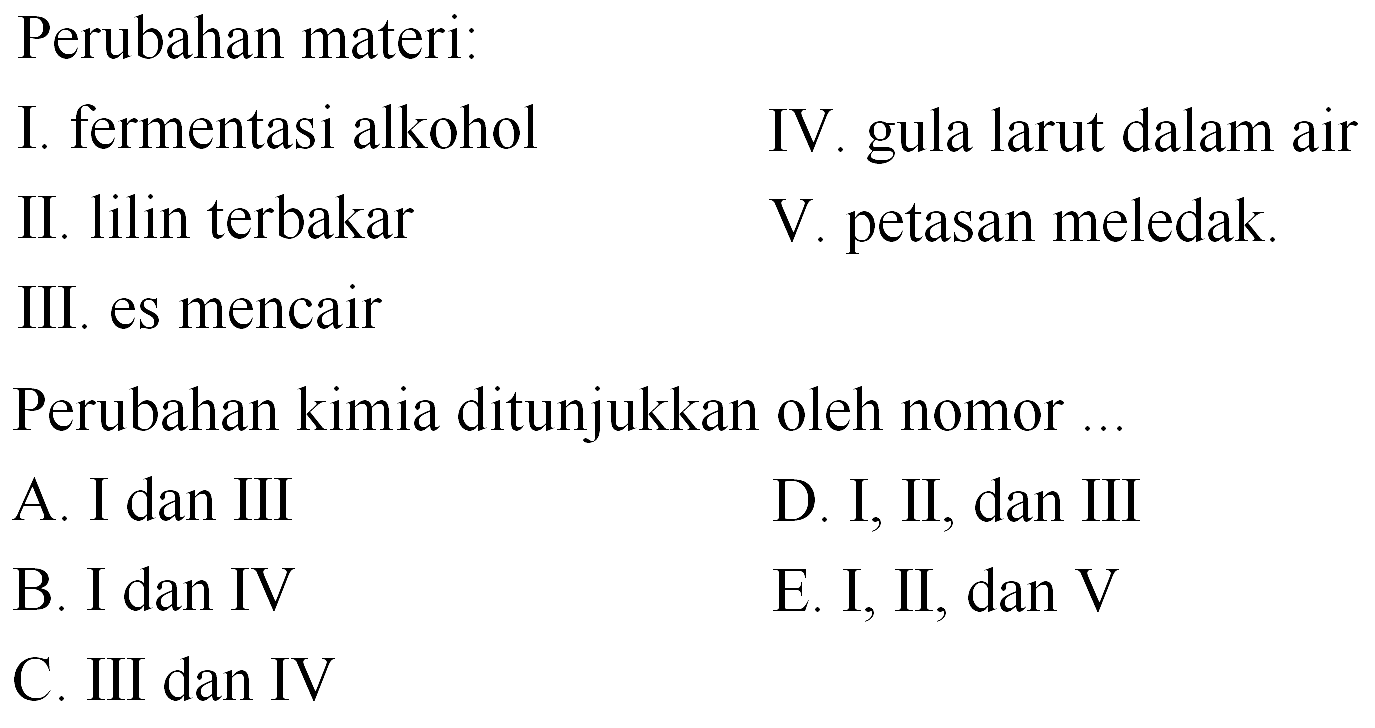 Perubahan materi: 
I. fermentasi alkohol 
II. lilin terbakar 
III. es mencair 
IV. gula larut dalam air 
V. petasan meledak. 
Perubahan kimia ditunjukkan oleh nomor ...