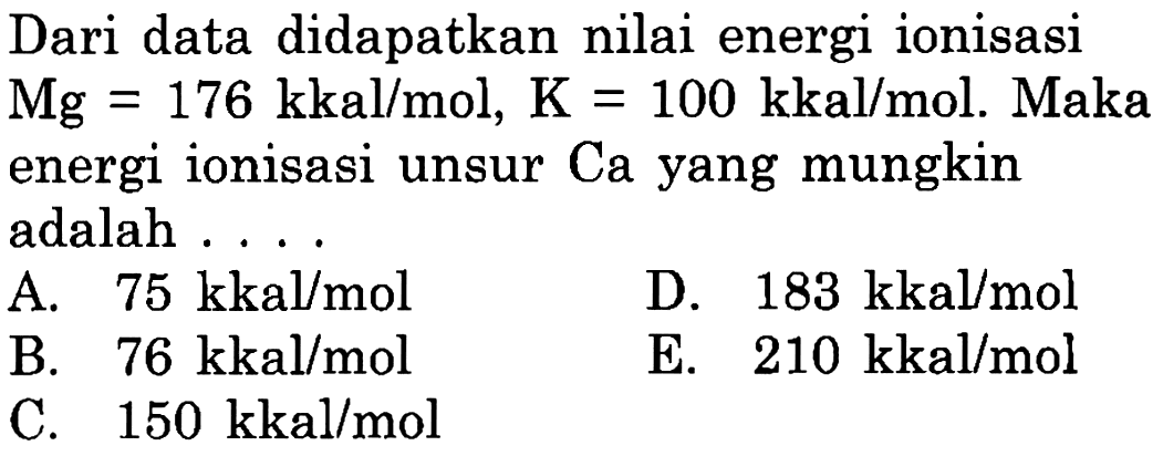 Dari data didapatkan nilai energi ionisasi Mg=176 kkal/mol, K=100 kkal/mol. Maka energi ionisasi unsur Ca yang mungkin adalah....
