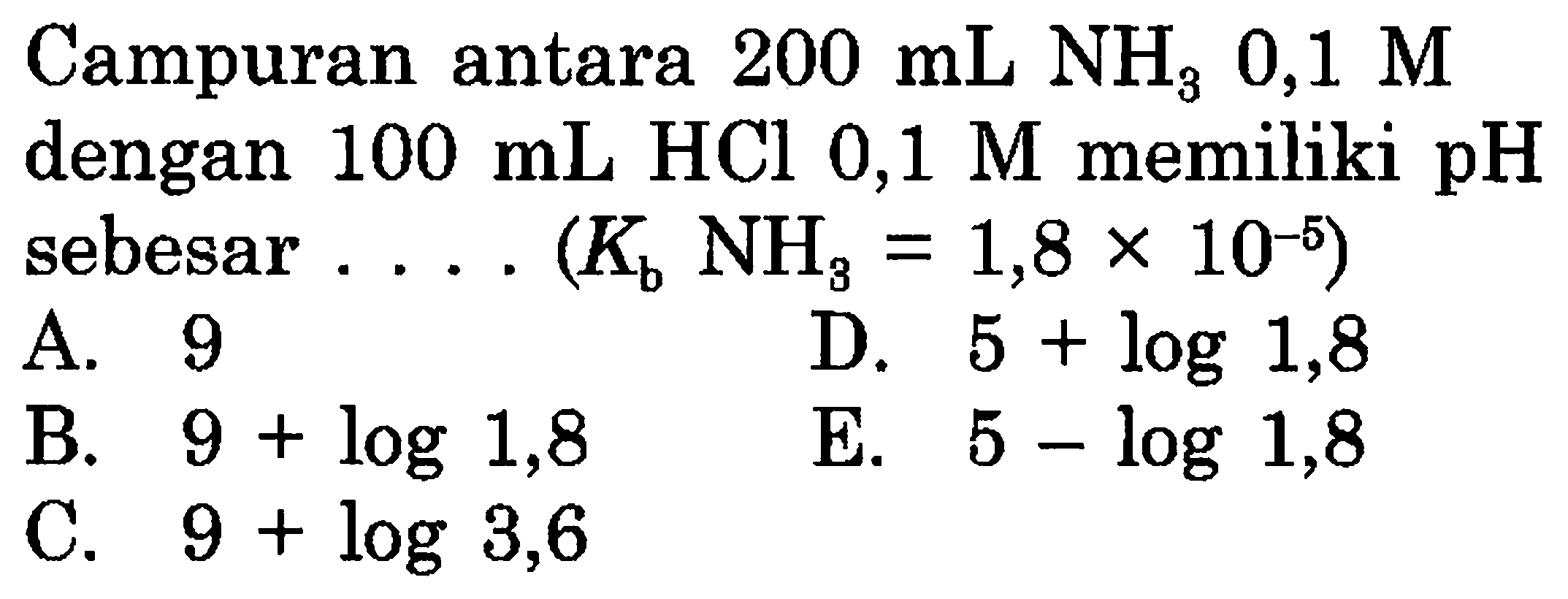 Campuran antara  200 mL NH3 0,1 M  dengan  100 mL HCl 0,1 M  memiliki  pH  sebesar .... (  Kb NH3=1,8 x 10^(-5)  )
A. 9
D.  5+log 1,8 
B.  9+log 1,8 
E.  5-log 1,8 
C.  9+log 3,6 