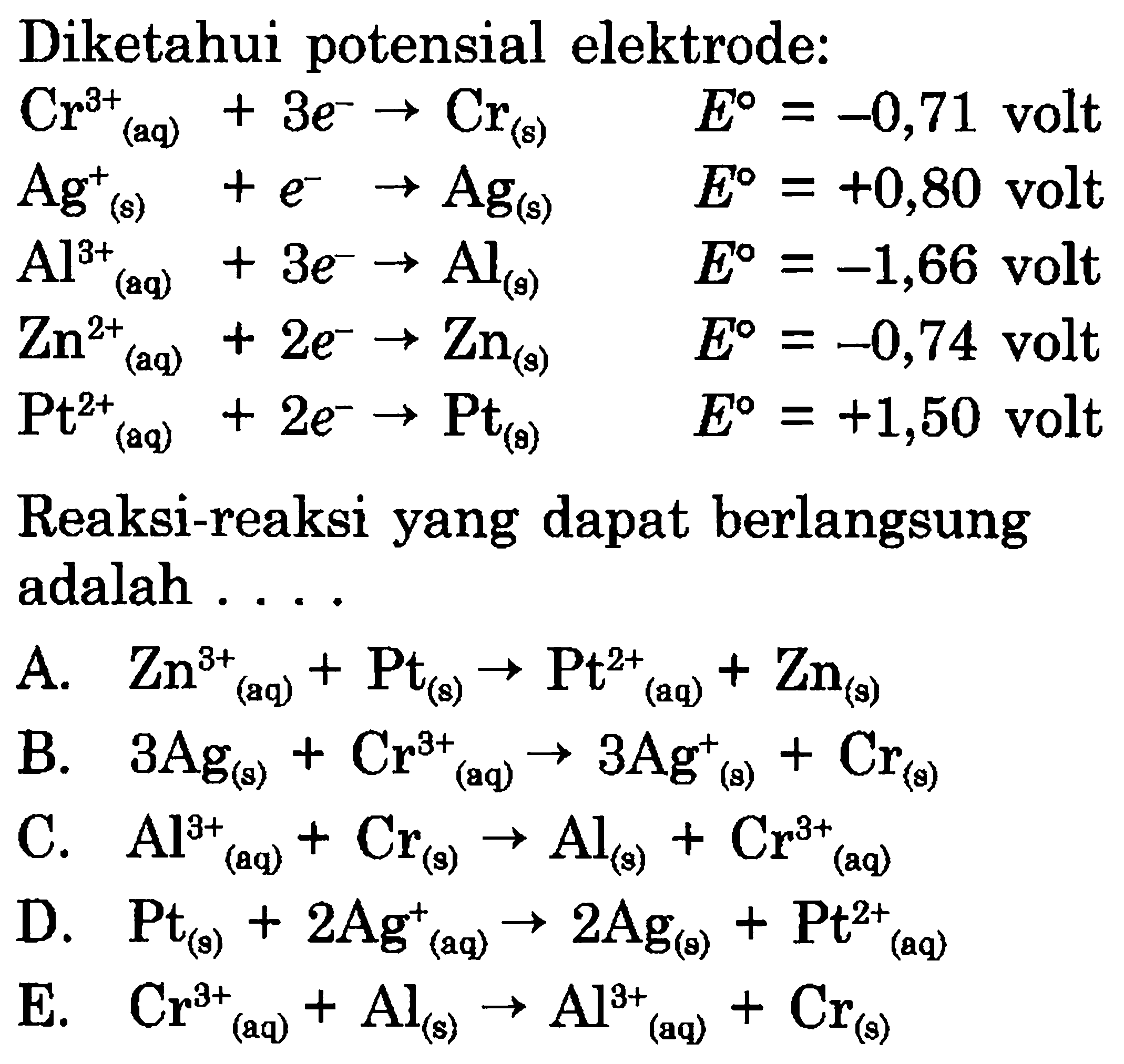 Diketahui potensial elektrode: Cr^3+(aq) +3e^- -> Cr(s) E=-0,71 volt Ag^+(s)+e^- -> Ag(s) E=+0,80 volt Al^3+(aq)+3e^- -> Al(s) E=-1,66 volt Zn^2+(aq)+2e^- -> Zn(s) E=-0,74 volt Pt^2+(aq)+2 e^- -> Pt(s) E=+1,50 volt Reaksi-reaksi yang dapat berlangsung adalah .... A. Zn^3+(aq)+Pt(s) -> Pt^2+(aq)+Zn(s) B. 3Ag(s)+Cr(aq)^3+ -> 3Ag(s)^++Cr(s) C. Al^3+(aq)+Cr(s) -> Al(s)+Cr^3+(aq) D. Pt(s)+2Ag^+(aq) -> 2Ag(s)+Pt^2+(aq) E. Cr^3+(aq) +Al(s) -> Al^3+(aq)+Cr(s) 