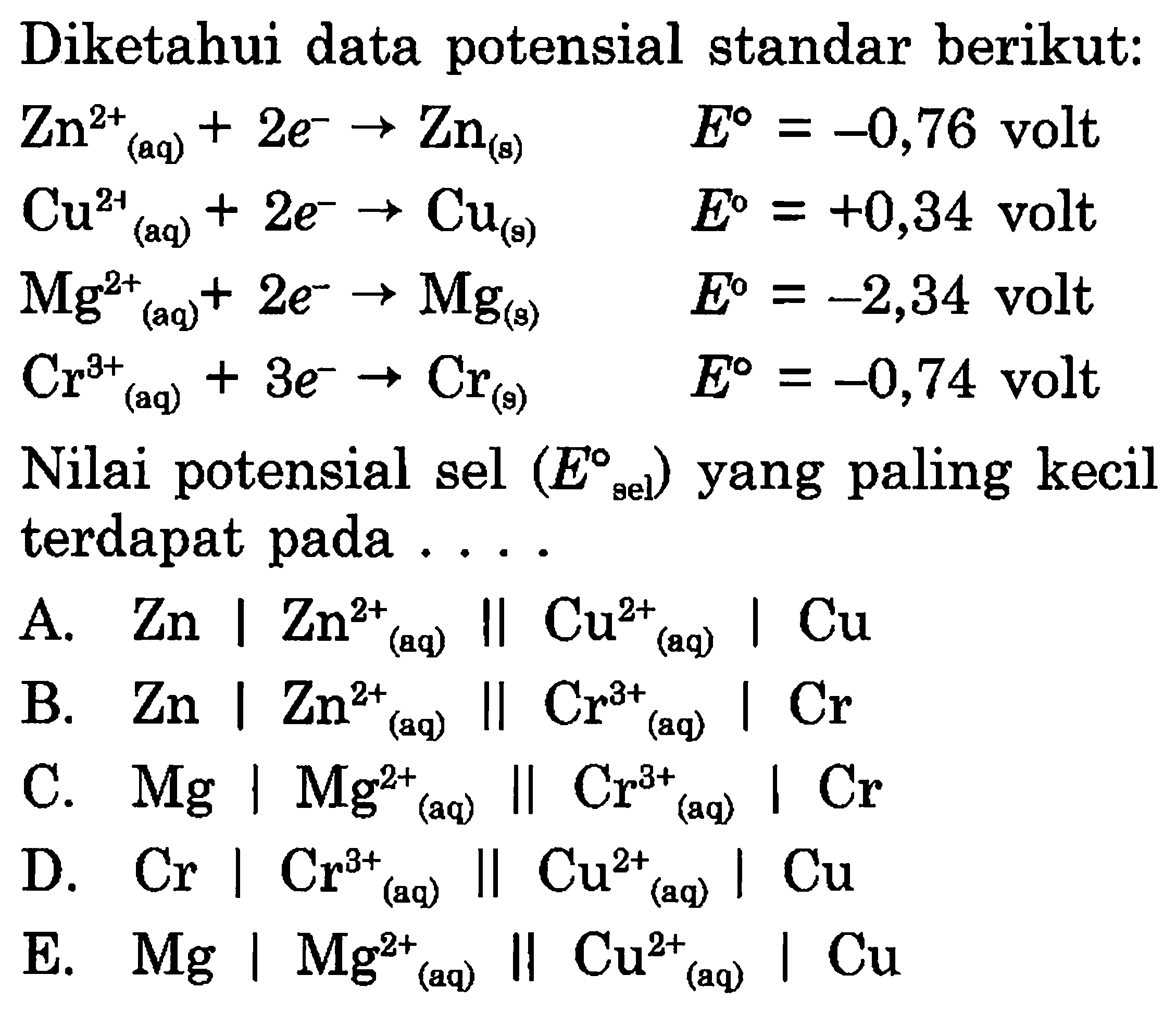 Diketahui data potensial standar berikut: Zn^(2+) (aq) + 2e^- -> Zn(s) E=-0,76 volt Cu^(2+) (aq) + 2e^- -> Cu(s) E=+0,34 volt Mg^(2+) (aq) + 2e^- -> Mg(s) E=-2,34 volt Cr^(3+) (aq) + 3e^- -> Cr(s) E=-0,74 volt Nilai potensial sel (E sel) yang paling kecil terdapat pada .... A. Zn|Zn^(2+) (aq)||Cu^(2+) (aq)|Cu B. Zn|Zn^(2+) (aq)||Cr^(3+) (aq)|Cr C. Mg|Mg^(2+) (aq)||Cr^(3+) (aq)|Cr D. Cr|Cr^(3+) (aq)||Cu^(2+) (aq)|Cu E. Mg|Mg^(2+) (aq)||Cu^(2+) (aq)|Cu 