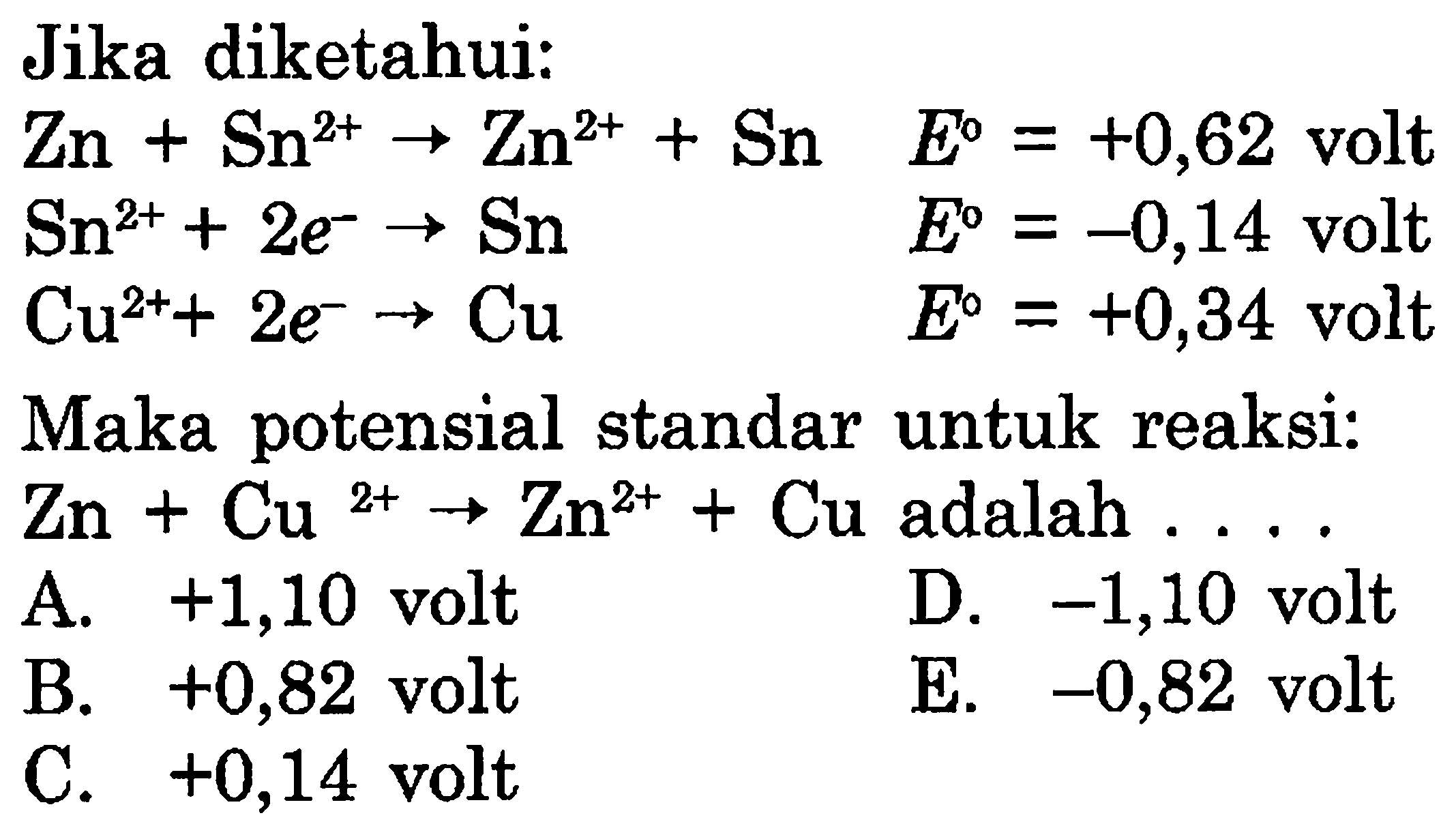 Jika diketahui: Zn+Sn^2+ -> Zn^2++Sn E^o=+0,62 volt Sn^2++2 e^- -> Sn E^o=-0,14 volt Cu^2++2 e^- -> Cu E^o=+0,34 volt Maka potensial standar untuk reaksi: Zn+Cu/ ^2+ -> Zn^2++Cu adalah ... 