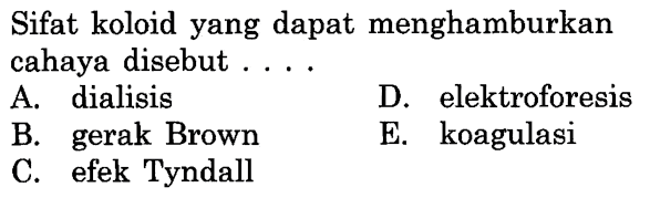 Sifat koloid yang dapat menghamburkan cahaya disebut ....
A. dialisis
D. elektroforesis
B. gerak Brown
E. koagulasi
C. efek Tyndall