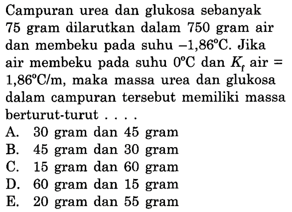 Campuran urea dan glukosa sebanyak 75 gram dilarutkan dalam 750 gram air dan membeku pada suhu -1,86 C. Jika air membeku pada suhu 0 C dan Kf air = 1,86 C/m, maka massa urea dan glukosa dalam campuran tersebut memiliki massa berturut-turut