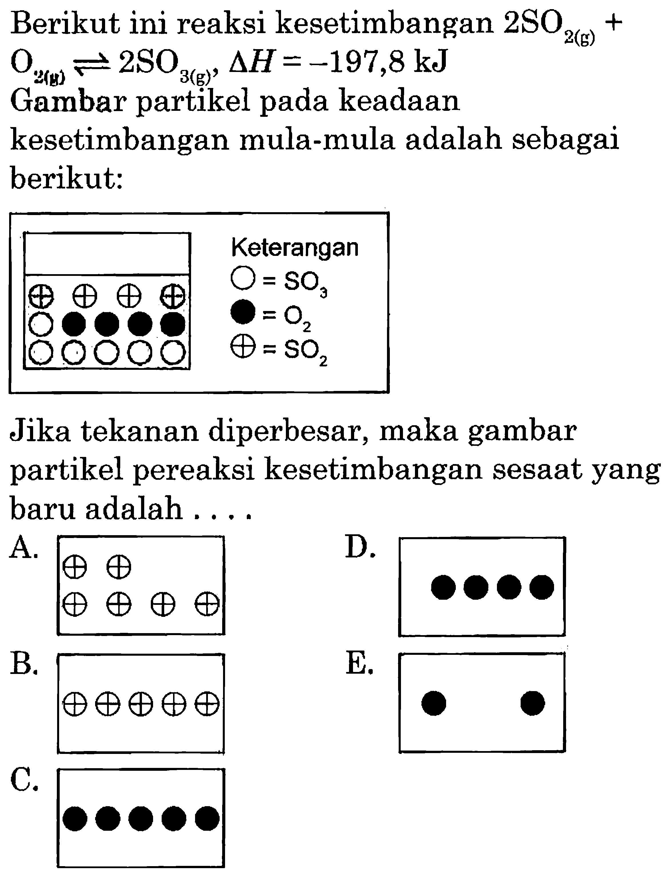 Berikut ini reaksi kesetimbangan 2SO2(()+O2(g) <=> 2SO3(g), delta H=-197,8 kJ Gambar partikel pada keadaan kesetimbangan mula-mula adalah sebagai berikut: Jika tekanan diperbesar, maka gambar partikel pereaksi kesetimbangan sesaat yang baru adalah .... A. B. C. D. E. 