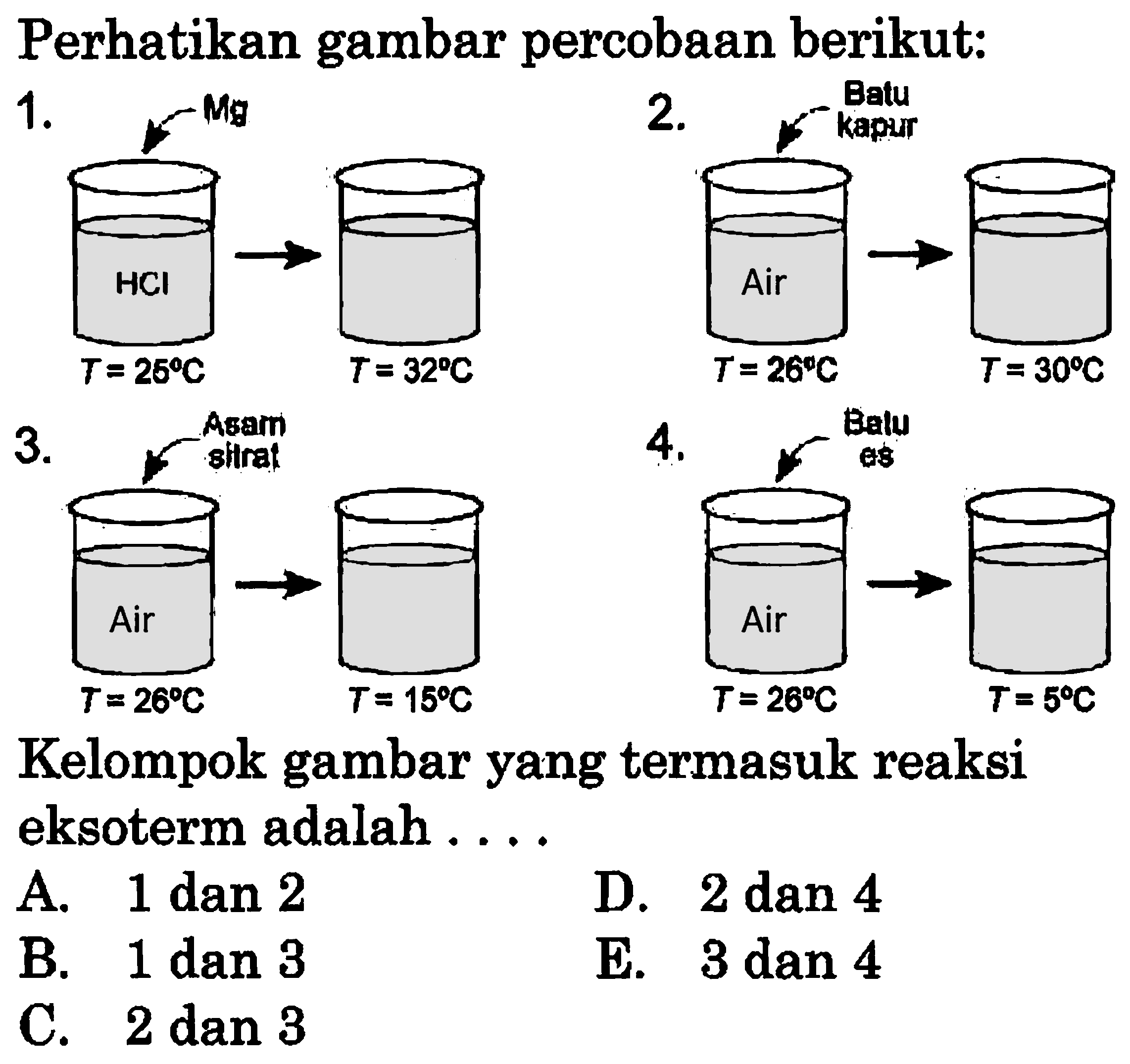 Perhatikan gambar percobaan berikut:Kelompok gambar yang termasuk reaksi eksoterm adalah ....