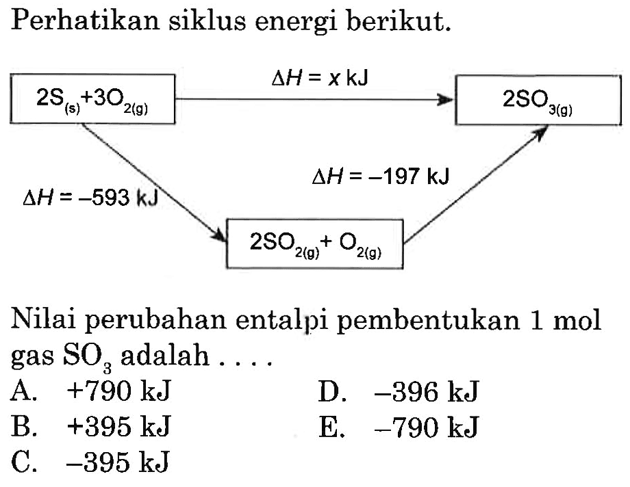 Perhatikan siklus energi berikut. 2S(s) + 3O2(g) delta H=x kJ -> 2SO3(g) delta H=-593 kJ -> delta H=-197 kJ -> 2SO2(s) + O2(g) 
Nilai perubahan entalpi pembentukan 1 mol gas SO3 adalah ... 
A.  +790 kJ 
D.  -396 kJ 
B.  +395 kJ 
E.  -790 kJ 
C.  -395 kJ 