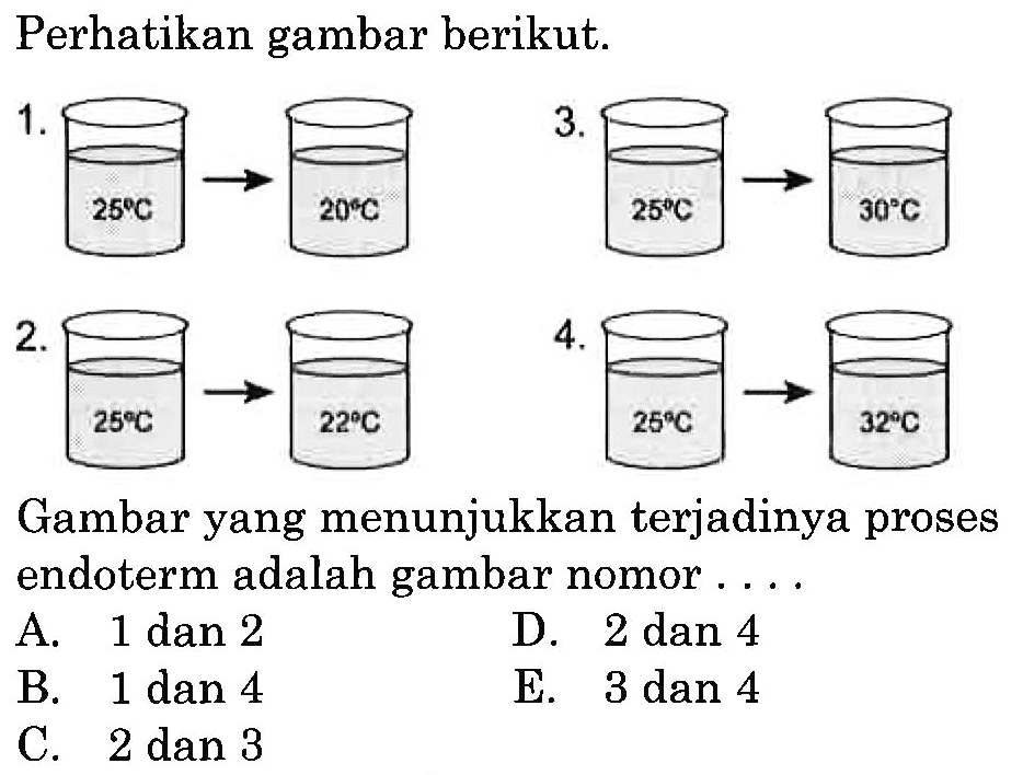 Perhatikan gambar berikut. 1. 25 C->20 C 2. 25 C->20 C 3. 25 C->30 C 4. 25 C->32 CGambar yang menunjukkan terjadinya proses endoterm adalah gambar nomor...